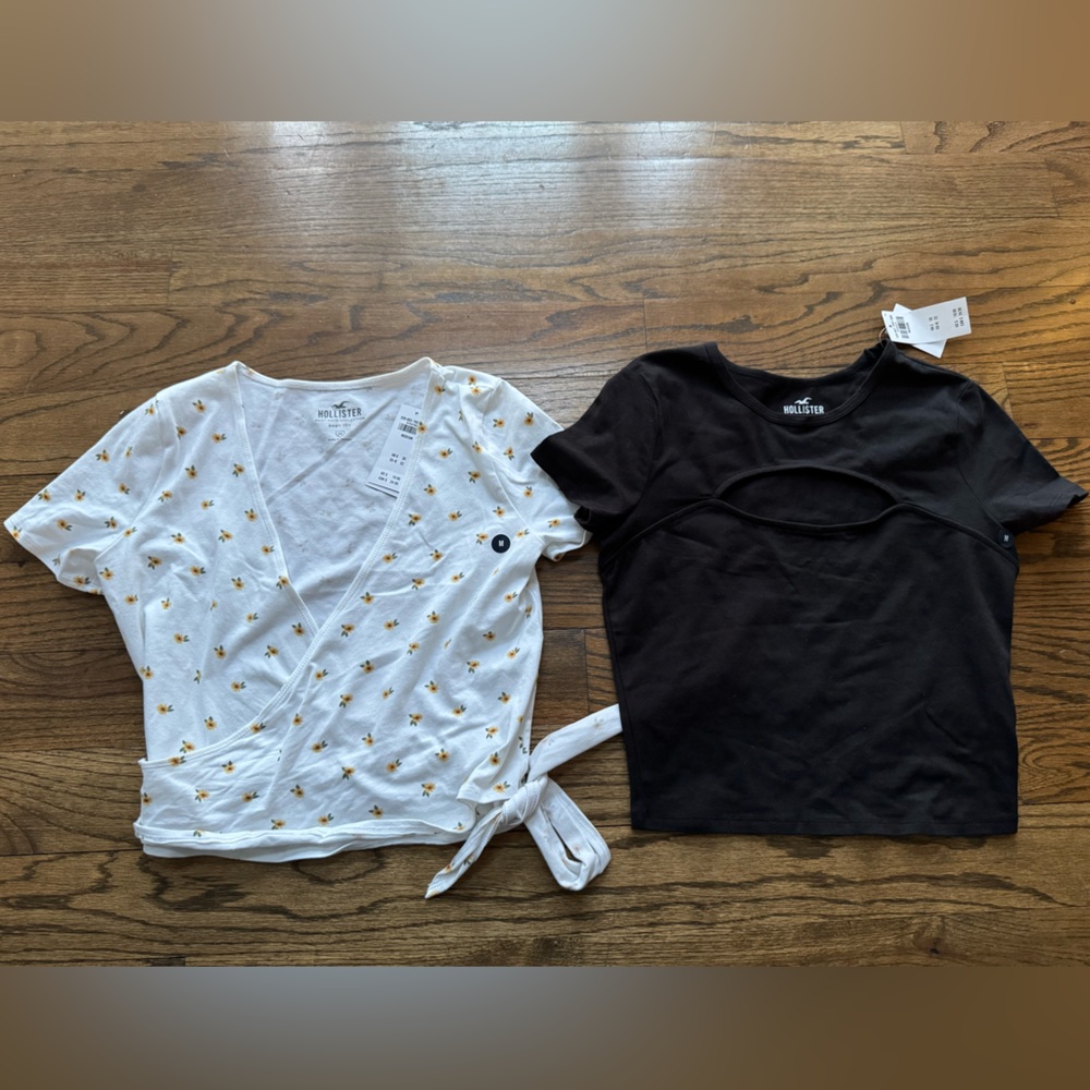 Hollister Baby Tee Bundle Medium Black Cutout & White Floral Wrap Tie Tops